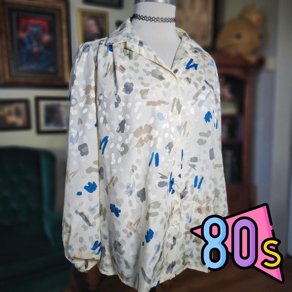 DaRue California Blouse Vintage 80s Abstract Satin Button Up Shirt Cream Blue 14